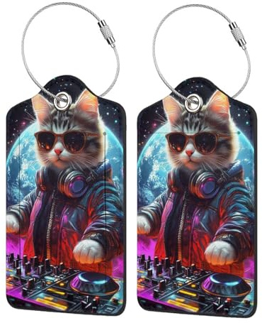 BoltPack Lot de 2 étiquettes à bagages avec boucle en acier inoxydable et protection de l'intimité Motif chat DJ