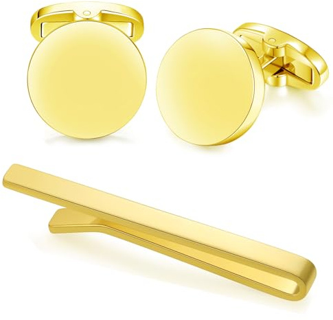 HONEY BEAR Herren Rund Manschettenknöpfe Krawattenklammer Set Cufflinks Tie Clips for Unternehmen Geschenk mit Box (Tie Clip Slide on Glänzendes Gold)
