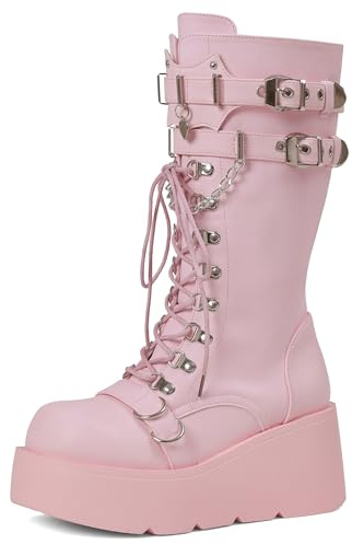 Yremael Women's Pink Platform Boots Wedge Combat Gothic Chunky Heel Lace Up Mid Calf Punk Motorcycle Shoes