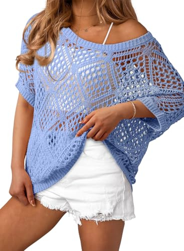 Dokotoo Beach Vacation Clothes for Women 2026 Summer Spring Cruise Outfits Short Sleeve Sweaters Womens Sexy Crochet Hollow Out Resort Wear Tops Lightweight Solid Color Swimsuit Coverups Blue XXL