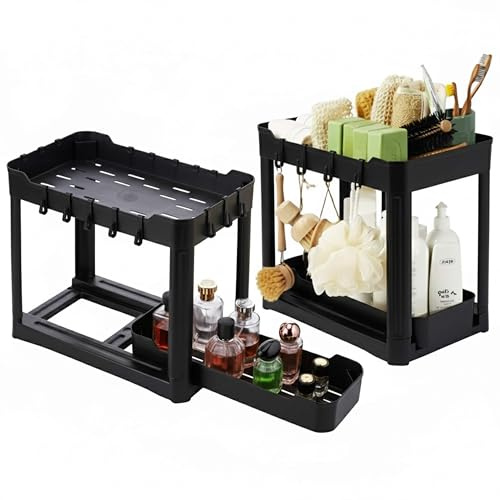 DIVCHI Plastic Under Sink Organizer with 2-Tier Pull-Out Baskets Sink Storage Units For Kitchen Bathroom Cabinet Storage Shelf Multi-Purpose Organisation Rack Pack of 2 (Black)