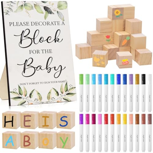 75 Stück Babyparty Spiele Set, Lustige Baby Shower & Gender Reveal Spiele für Gäste,mit 50 Holzwürfeln zum Bemalen+24 Acrylstiften+Holzschild & Holzbox für Kreative Babyparty Spiele,Deko,Malen