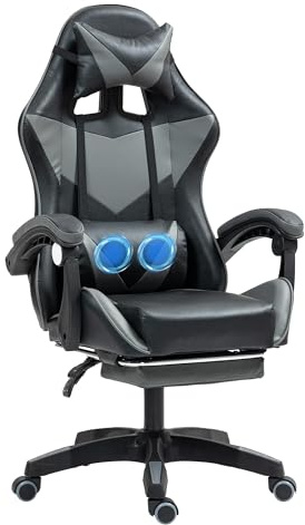COZYBRITE Gaming-Stuhl, Bürostuhl, Schreibtisch, Computerstuhl, drehbar, mit Kopfstütze, Rückenlehne, ergonomisches Design, Kunstleder (Schwarz + Grau, Mit Fußstütze)