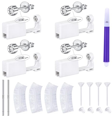 LAURITAMI Ear Piercing Kit, 4Pcs Ear Piercing Gun with Earring Studs, Asepsis Disposable DIY Self Piercing Kit with Ear Care Bars Waterproof Ear Covers Marker Clear Studs for Women Men