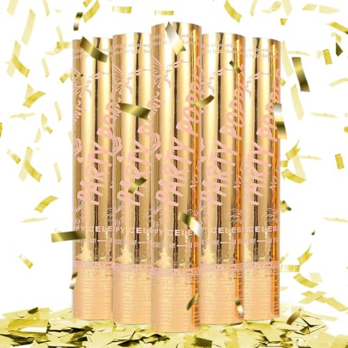 Biodegradable Confetti Cannons, 5 Pack 30cm Multi-Coloured Confetti Popper Party Shooter with Biodegradable Paper for Weddings, Parties, Christmas, Graduation Celebration (Gold)