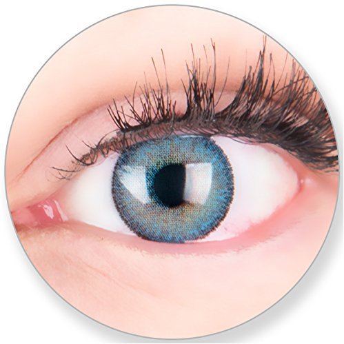 Glamlens Kontaktlinsen farbig blau ohne und mit Stärke - mit Kontaktlinsenbehälter. Sehr stark deckende natürliche blaue farbige Monatslinsen Himmelblau 1 Paar weich Silikon Hydrogel 0.0 Dioptrien