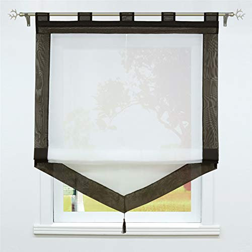 SCHOAL Raffrollo mit Schlaufen Transparente Raffgardine Landhaus Schlaufenrollo Gardinen Voile mit Quaste 1 Stück BxH 80x140cm Braun