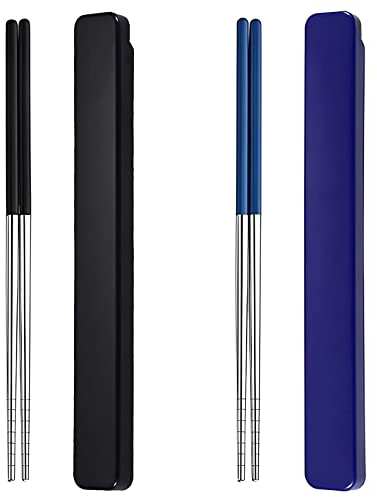 Palillos portátiles SUS304 de acero inoxidable con funda para escuela, camping, viajes, caja Bento de 22,8 cm de longitud, alternativa a la madera (negro + azul)
