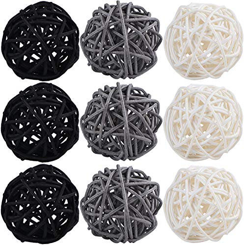 STMK 9 Pcs 3 Inch Wicker Balls Decorations, Rattan Balls Decorative for Home Decor DIY Vase Bowl Filler Ornament Baby Room Nursery Décor Wedding Table Decoration (Black, Grey, White)