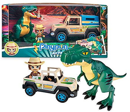 Pinypon Action 700016771 Wild Pack de Pick-up con Dino, Set de Juguete con un muñeco Pinypon Explorador y su Coche Todoterreno, Muchos Accesorios y un Dinosaurio Tiranosaurio Rex, Multicolor