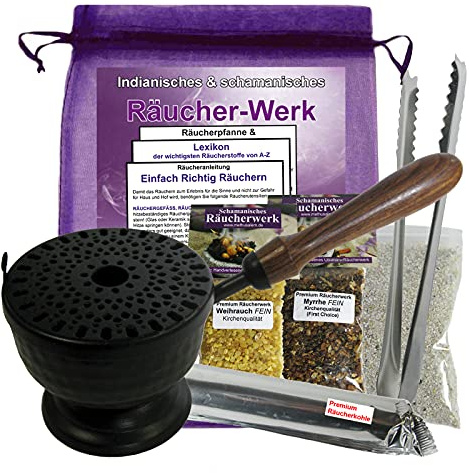 RÄUCHERPFANNE & WEIHRAUCHBRENNER 22cm mit Griff 10-TLG Set zum AUSRÄUCHERN + WEIHRAUCH + MYRRHE Räucherwerk, Räuchergefäß, Räucherschale & Räucherstövchen in EINEM mit ZUBEHÖR. 3486-ZWM