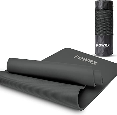 POWRX Gymnastikmatte Yogamatte (Matt Schwarz 183 x 60 x 1 cm) 183 x 60 cm I Dicke: 1cm oder 1,5cm inkl. Tragegurt & Tasche versch. Farben