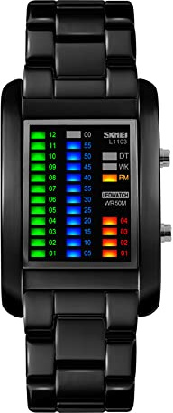 Yxian Orologio casual moda unisex con castone rettangolare in acciaio inossidabile e orologio da uomo binario sportivo resistente all'acqua 50M con luce LED multicolore (Nero)
