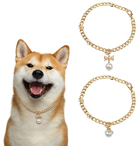 HACRAHO Hunde Halskette Gold, 2 Stück Verstellbare Goldene Hundehalskette Mit Elegantem Perlenanhänger Kubanisches Hundehalsband Aus Metall Mit Verstellbarer Schnalle Für Katzen Hunde Welpe