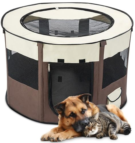 ALLSOPETS Welpenauslauf Faltbar, Laufstall für Hunde, Braun, XL | Tragbarer Welpenlaufstall für Hunde und Katzen mit Tragetasche, Indoor Outdoor Hundebox für Reisen, Camping und Zuhause