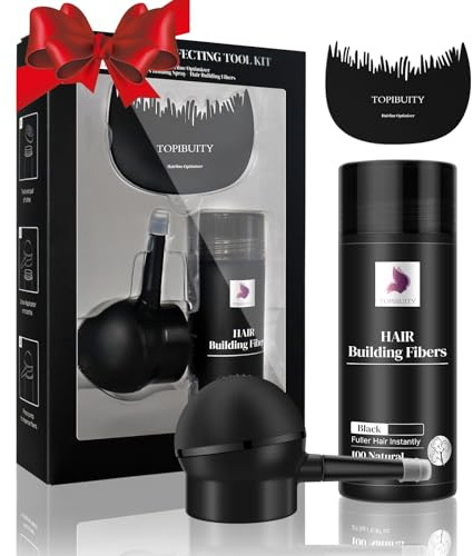 TOPIBUITY Hair Thickening Fibers & Applicator Set - Natural Long-Lasting Concealer for Fuller Hair, Thicker Beard & Crisp Hairlines (BLACK)