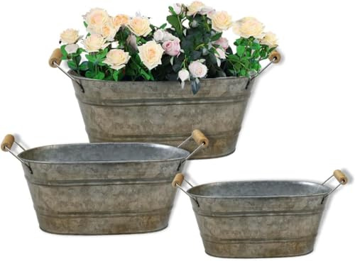 Galvanized Metal Oval Planter Buckets with Handles – Set of 3 Rustic Farmhouse Flower Tubs with Drain Holes & Plugs, Vintage Small Pots for Herbs, Succulents, Wedding or Tabletop Decor