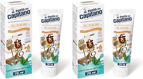 Pasta del Capitano, Pasta de Dientes para Niños con Sabor a Menta Dulce, Pasta de Dientes Suave con Sabor a Menta Dulce, Ideal para Niños a Partir de los 6 Años, Tubo de 75 ml, Made in Italy