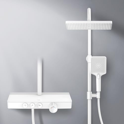EMKE Duschsystem mit Thermostat KTW-Zertifizierung Duschset, 45cm Thermostatische Platte Duschsäuleset, Handbrause 3 Strahlarten,Regendusche mit Armatur,MattWeiß