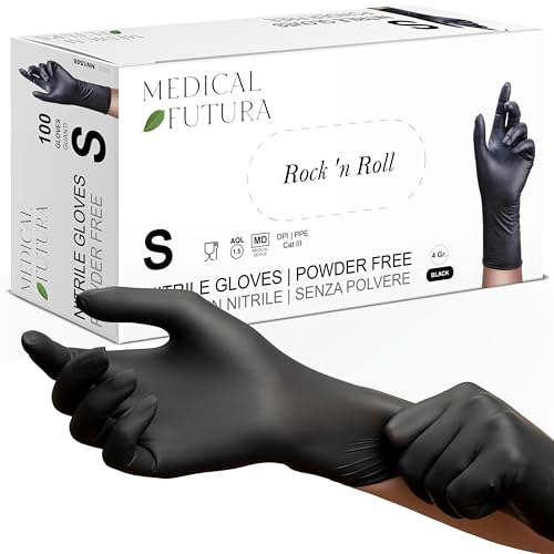 MEDICAL FUTURA - 100 Gants Nitrile S Noirs Jetables Hypoallergéniques Gr. 4.0, Sans Poudre, Sans Latex, Idéals pour Esthéticiens, Tatoueurs, Mecanicien et Secteurs Médicaux (S, Noir)