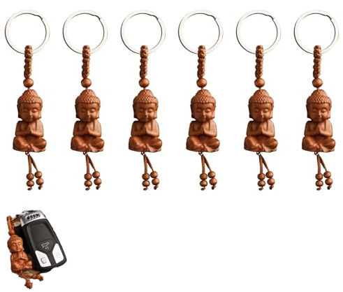 Wilsonzin 6 Stück Buddha Schlüsselanhänger, Glücksbringer Talisman | aus Holz Deko Buddha Anhänger, Kopf Figur für Autozubehör, Glücksbringer Geschenk, Talisman