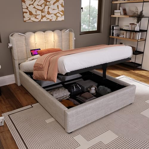 MQLAE Polsterbett 90x200cm, Einzelbett Bettgestell mit Stauraum und Lattenrost, Kopfteil Leselicht mit USB Ladefunktion, Bett Hydraulisch Stauraumbett Funktionsbett, Linen, ohne Matratze, Natürlich