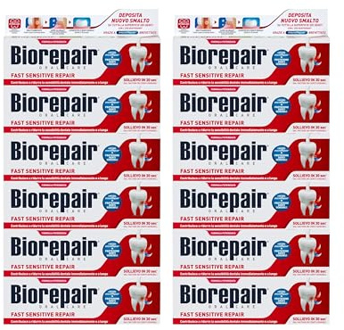 Biorepair, Fast Sensitive Repair Zahnpasta, 12 Packungen à 75 ml, reduziert die Empfindlichkeit der Zähne und lindert Schmerzen empfindlicher Zähne in 30 Sekunden, schützt und repariert Nagellack,