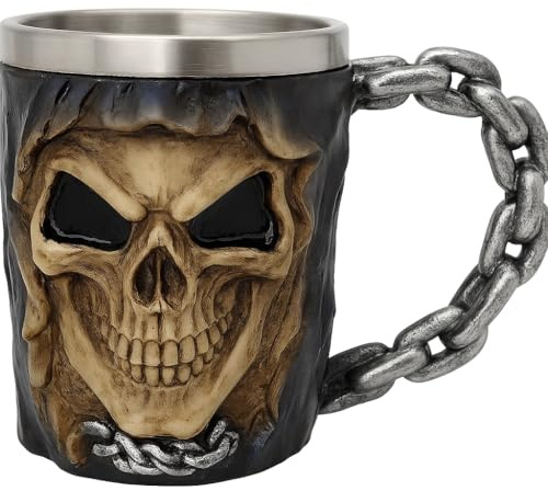 JRose Collections Gothic Skull Tankard Mug 475ml with Stainless Steel Inner, Chain Handle Beer Mug, Resin Skull Design Cup for Coffee Ale Bar Decor Biker Gift JR5015