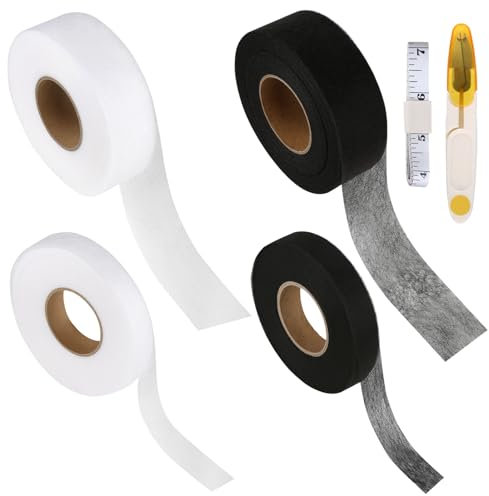 TIANCONGYUN 4 Stück Saumband zum AufbüGeln, 20mm/40mm Saumband mit Maßband und Schere, Weiß und Schwarz Textilklebeband Selbstklebend, Bügelband zum Kürzen von Gardinen