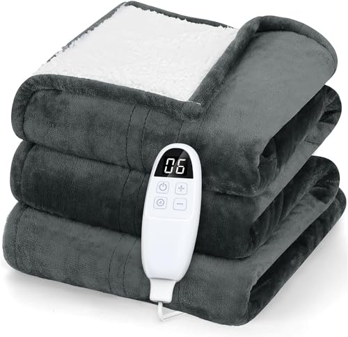 PRANITE Electric Blanket Double 200x150 cm, Heated Blanket with 10 Timer and 6 Heat Settings, Auto Shutoff, Electric Blanket King Size Flannel Sherpa for Sofa, Home, Office, Machine Washable, Grey