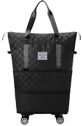 Dokeno Reisetasche mit Rollen, Erweiterbar Faltbare Reisetasche Handgepäck mit Abnehmbar Rollen Rollgepäck, Weekender Gym Travel Bag für Reisen, große Wochenendtasche für Damen und Herren (schwarz)