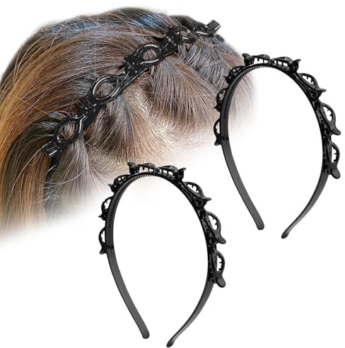 2 Stück Haarreif Mit Klammern,Haarreifen Damen,Double Bangs Hairstyle Kunststoff Braided Haarband Clip,Doppeldecke Haar Haarreif,Kinder Mädchen Stirnband Haarbänder Haarschmuck Fascinator Schwarz