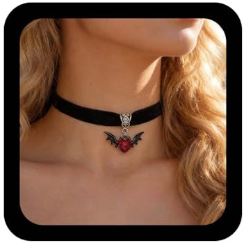 Inilbran Punk Schwarzer Samt Choker Halskette Vintage Rubin Fledermaus Anhänger Halskette Schwarzes Satinband Halskette Gothic Wildleder Fledermaus Dämon Halskette Schmuck Für Frauen