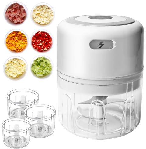 SPORWAY Zwiebelschneider Elektrisch Gemüseschneider: Zwiebel Zerkleinerer Multizerkleinerer Knoblauchpresse, USB Wiederaufladbare Mini Chopper für Fleisch, Zwiebeln, Knoblauch (2 x 250ML & 100ML)