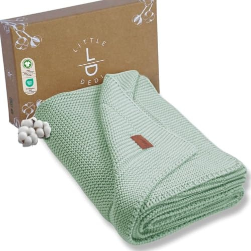 Little Dedi Strickdecke aus 100% Bio-Baumwolle GOTS Zertifizert, 80x100 cm Mint - Atmungsaktiv, Temperatur regulierend, in eleganter Geschenkbox für Babys