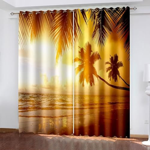 KnSam Orange Braun Vorhäng mit Ösen 2 Stück, Meer Sonnenuntergang Palm Bäume Landschaft Muster Blickdichte Gardinen Wohnzimmer Dicke Thermovorhang, Kälteschutz Thermogardine