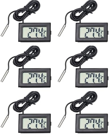 6 Piezas termómetros frigoríficos, termómetro de acuario con sonda, mini termómetro digital LCD temperatura para refrigerador y congelador, impermeable, pantalla LCD clara, función de memoria min