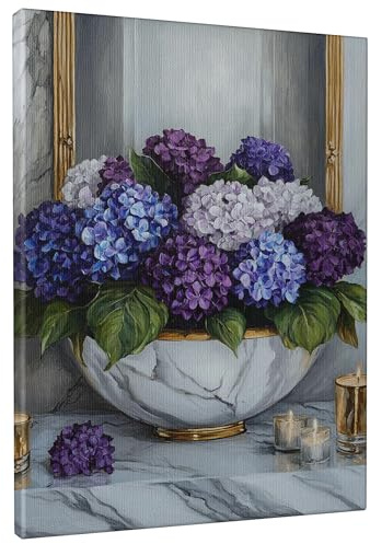 Tela artistica da parete con fiori di ortensia, decorazione per la casa floreale blu viola, stampa estetica primaverile per soggiorno, camera da letto, cucina, tela avvolta 30,5 x 40,6 cm