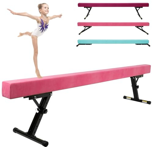 Kegoupdys Poutre de Gymnastique 245 cm Poutre D'équilibre Pliable pour Enfant, 5 Réglages de Hauteurt Rose.