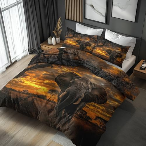 Generisch Housse De Couette éléphant 200x200 Adulte Enfant, Parure De Lit Africain Animaux Herbe 2 Person avec Fermeture éclair, 2 Taie d'oreiller, Linge De Lit 100% Microfibre