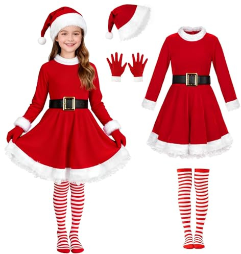 AOLIUP Kids Girls Santa Dress - Mrs Claus Costume Christmas Outfit with Belt Socks Hat Gloves (11-13 Years)