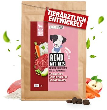 Hundefutter Rind & Reis Hundefutter Trocken – Trockenfutter für Hunde 4Kg | Tierärztlich entwickeltes Hundetrockenfutter Monoprotein & gut verträglich – Hypoallergenes Trockenfutter von TIERLIEBHABER