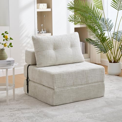 Ball & Cast Bodensofa, Umwandelbarer 2-in-1 Sofa Bett, Chenille Klappsofa mit Rückenlehne für Wohnzimmer und Schlafzimmer, Beige, 1 Sitzplatz
