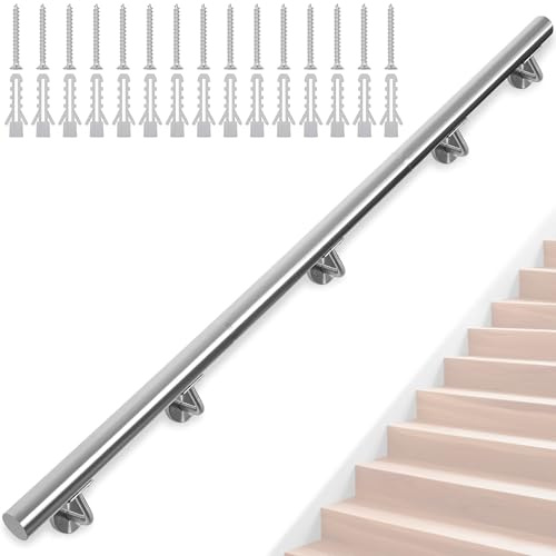 FREEAMG 300CM Stainless Steel Handrails for Stairs, Safety Wall Mounted Hand Rails with Brackets, Banister Rail Support Kit for Outdoor/Indoor Stairs, Loft, Porch, Garage & Deck Hand Rail (Silver)