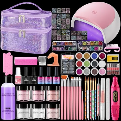 Deciniee Akrylnagelkit: Akrylpulverset med UV-lampa/elektrisk nagelborr/falska tips/6 färger pulver monomer gel naglar set nageldesign i lila presentpåse kvinnor