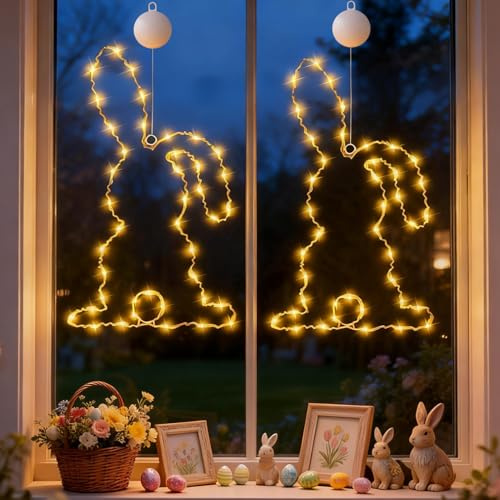Osterdeko LED Fenster Licht, Lichterkette Ostern Deko Hase mit LED Licht, Osterdeko Draußen Fensterbeleuchtung mit Timer, Osterdeko Fenster Dekoration Lichterkette mit Saugnapf für Deko Wohnzimmer (D)