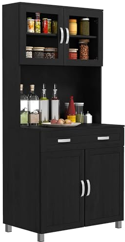 HOMCOM Aparador Buffet Cocina 80x48x170cm Negro | Sideboard, 4 puertas (2 vidrio), encimera, estantes ajustables, unidad de almacenaje para salón/comedor