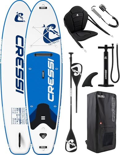 CRESSI dal 1946 - Ultra Isup Kayak Set - Tavola Sup Gonfiabile Adulti con Sedile di Grande Stabilità e Resistenza Completa di Accessori Pagaia Pinna Pompa Laccio - Bianco/Blu - 320x81x8 cm Max 130 kg