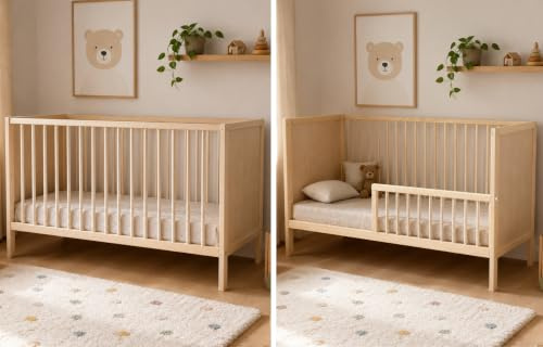Kids Collective Babybett Kinderbett Beistellbett | Modulares Gitterbett Lattenrost 3-Fach höhenverstellbar & abnehmbare Sprossen | Baby Bett Holz Kinderzimmer | 120x60 cm | Natur