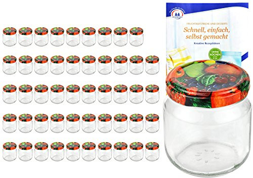 MamboCat 50er Set Rundgläser 212 ml nieder Deckelfarbe Obst Dekor to 66 inkl. Diamant Gelierzauber Rezeptheft, Marmeladengläser, Einmachgläser, Einweckgläser, Gläser